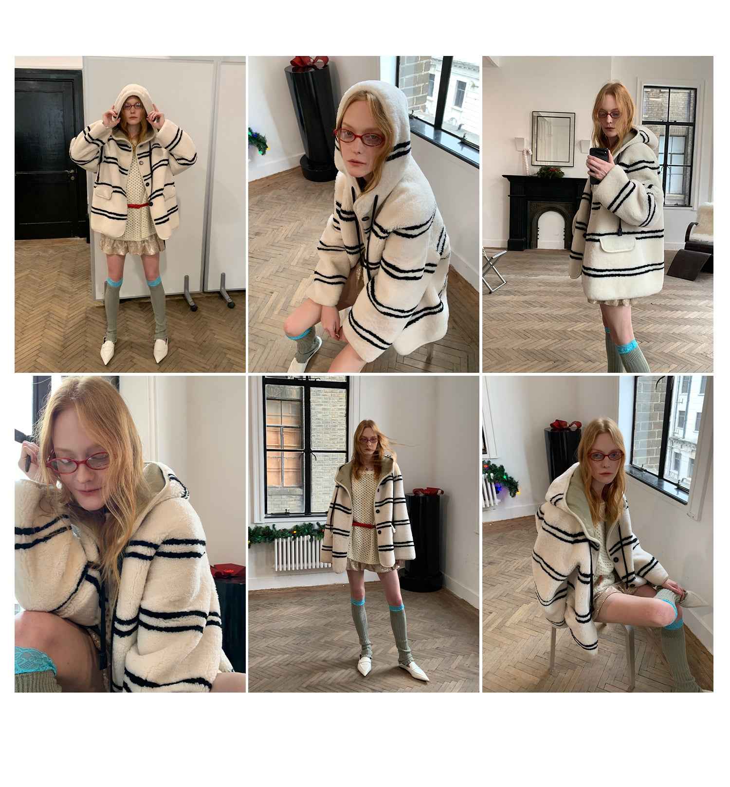 Fireladyfur Women's Lamb Wool Striped Jacket“Snowy New Year” - variant_title