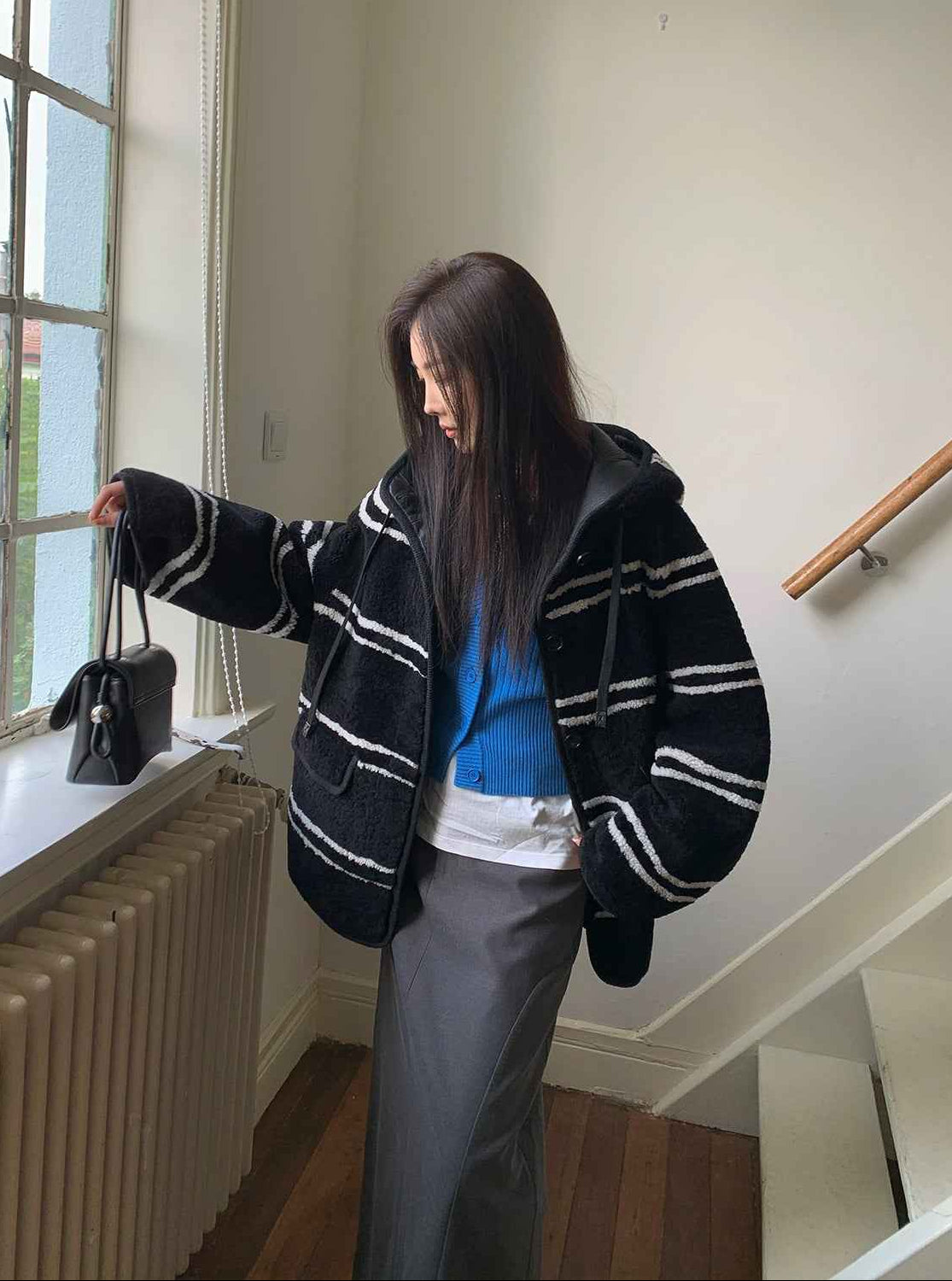 Fireladyfur Women's Lamb Wool Striped Jacket“Snowy New Year” - variant_title