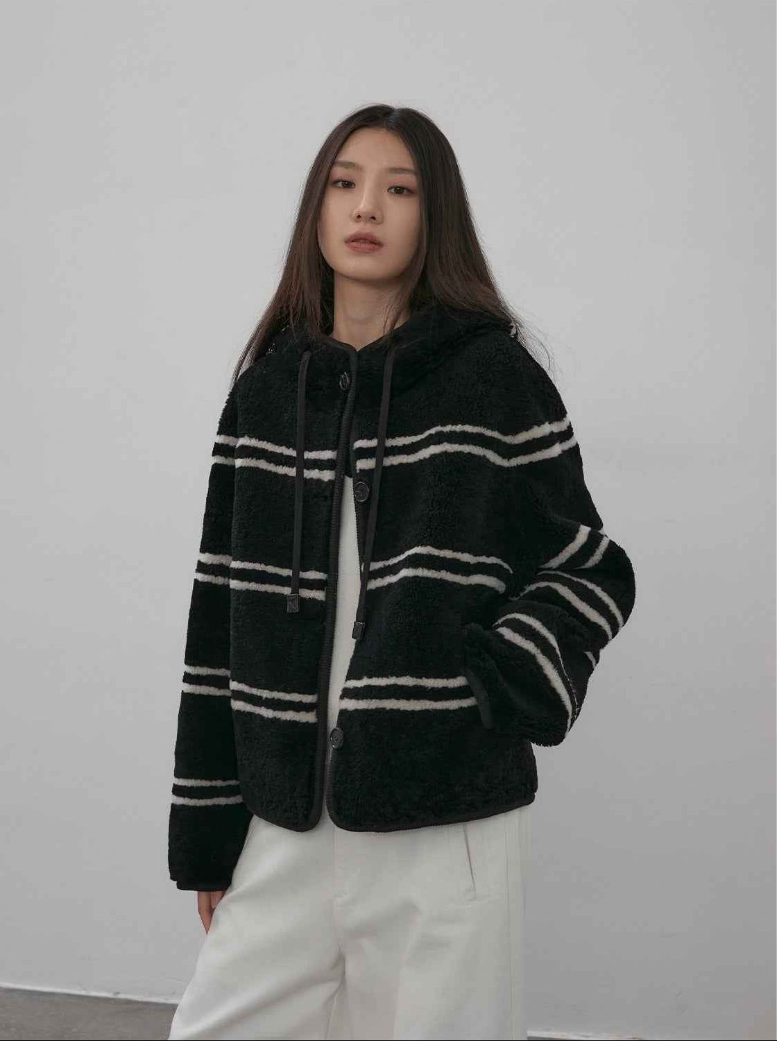 Fireladyfur Women's Lamb Wool Striped Jacket“Snowy New Year” - variant_title
