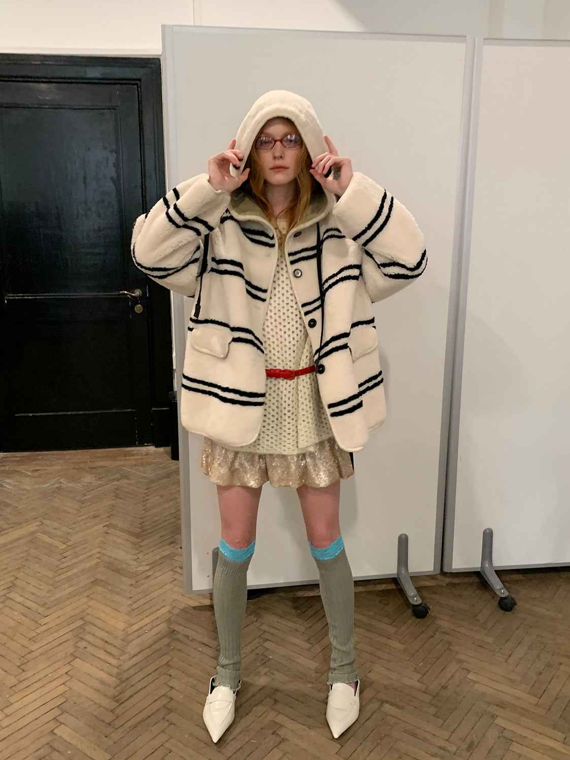 Fireladyfur Women's Lamb Wool Striped Jacket“Snowy New Year” - variant_title