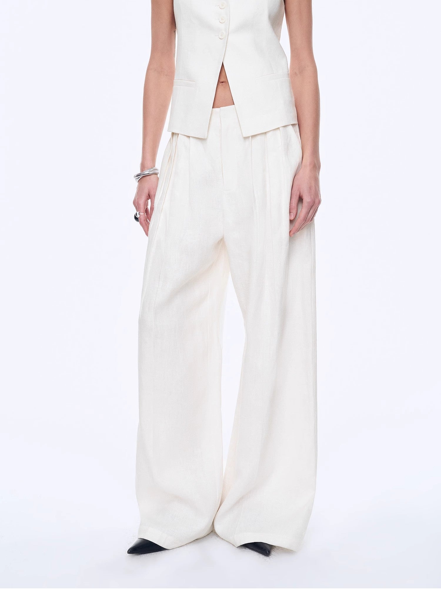 Fireladyfur Women's Linen Suit Set: Draped Vest &amp; High - Waist Straight Trousers"Old Money Space" - variant_title