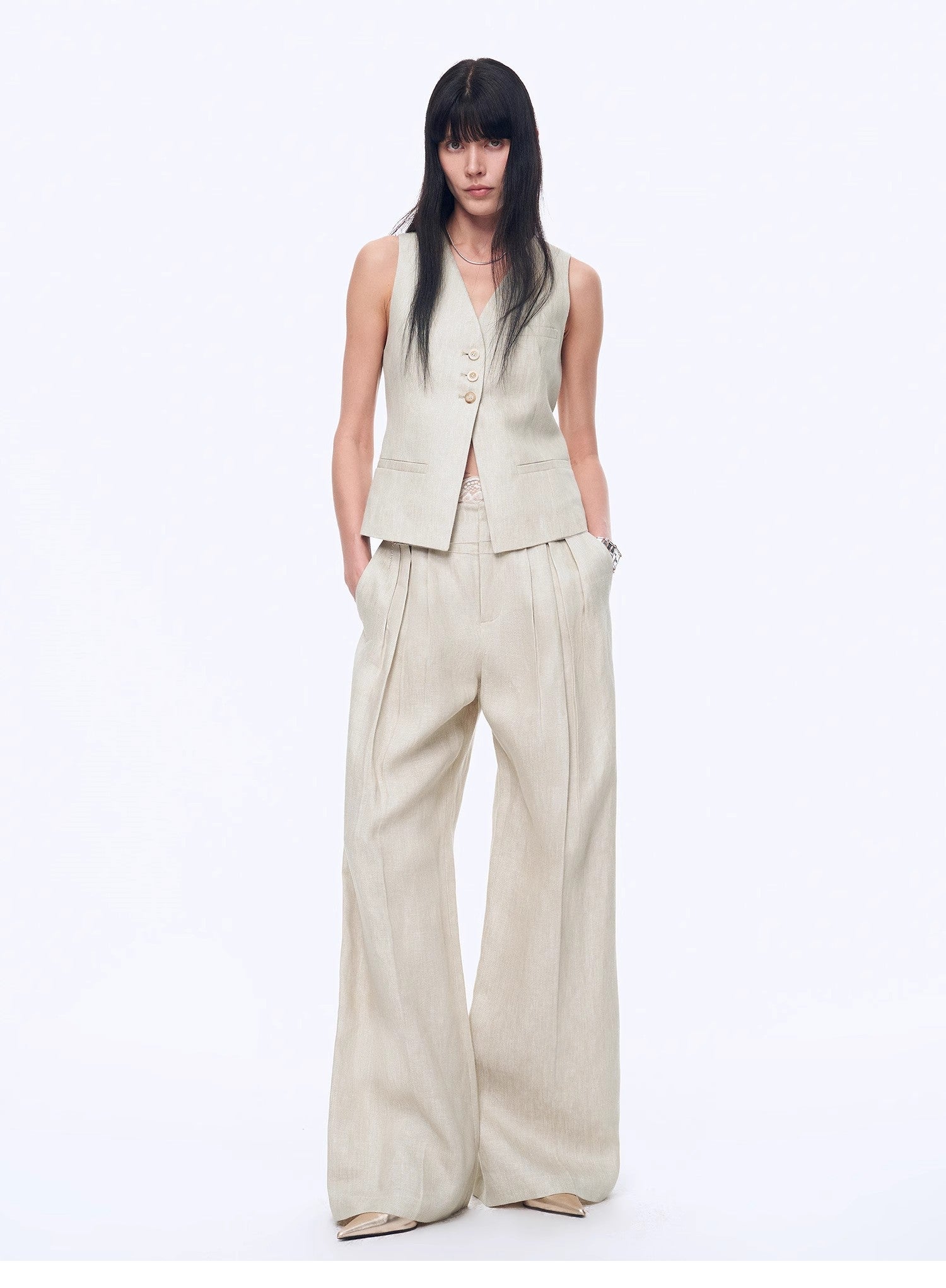 Fireladyfur Women's Linen Suit Set: Draped Vest &amp; High - Waist Straight Trousers"Old Money Space" - variant_title