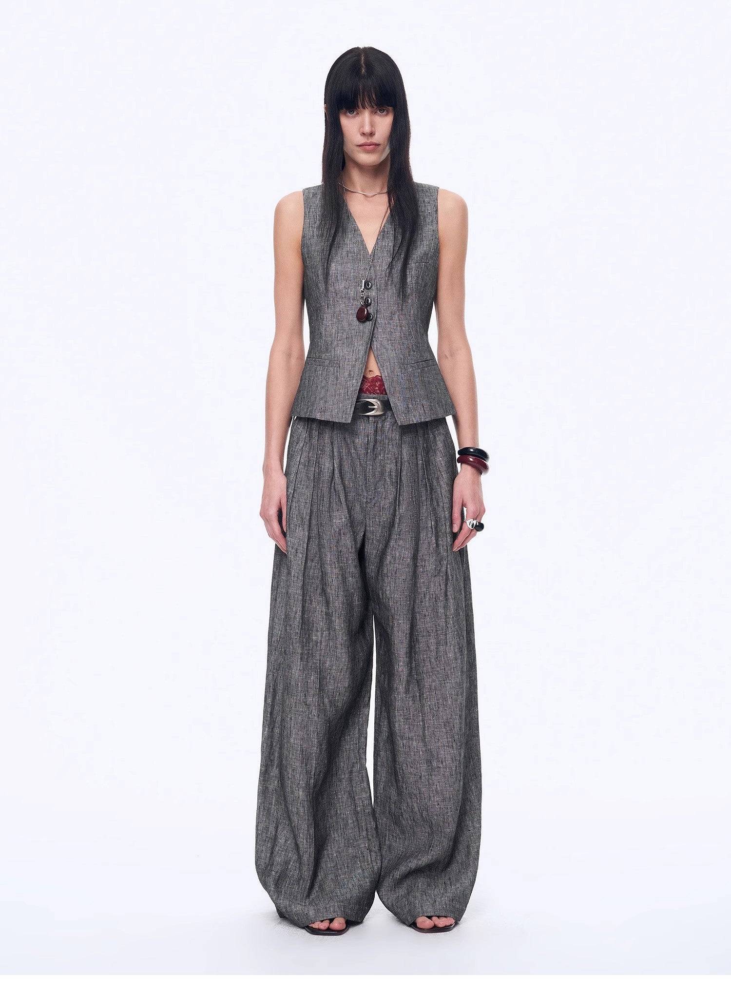 Fireladyfur Women's Linen Suit Set: Draped Vest &amp; High - Waist Straight Trousers"Old Money Space" - variant_title