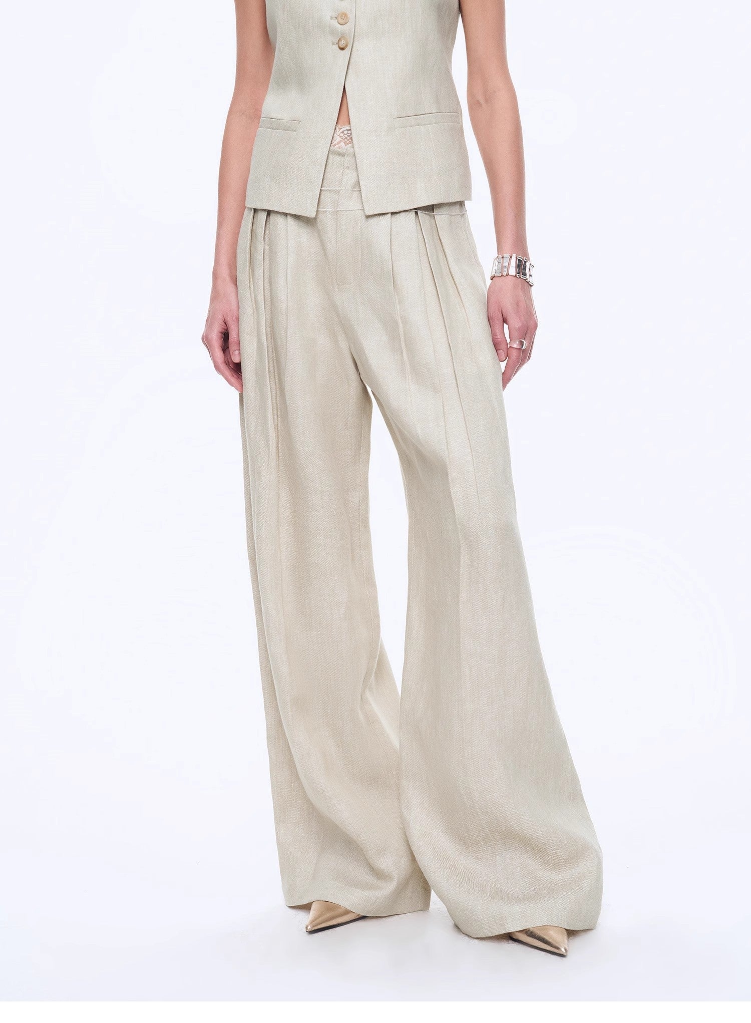 Fireladyfur Women's Linen Suit Set: Draped Vest &amp; High - Waist Straight Trousers"Old Money Space" - variant_title