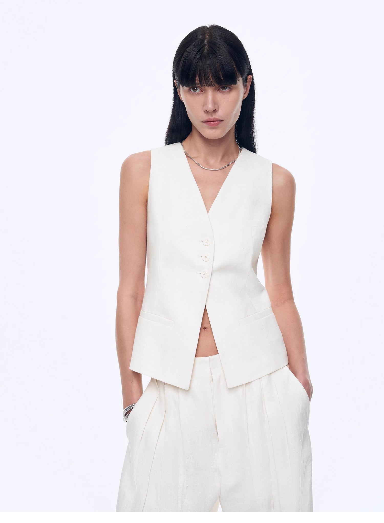 Fireladyfur Women's Linen Suit Set: Draped Vest & High - Waist Straight Trousers"Old Money Space" - variant_title