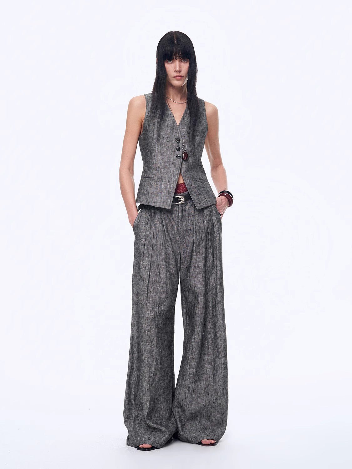 Fireladyfur Women's Linen Suit Set: Draped Vest &amp; High - Waist Straight Trousers"Old Money Space" - variant_title