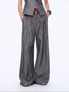 Fireladyfur Women's Linen Suit Set: Draped Vest & High - Waist Straight Trousers"Old Money Space" - variant_title