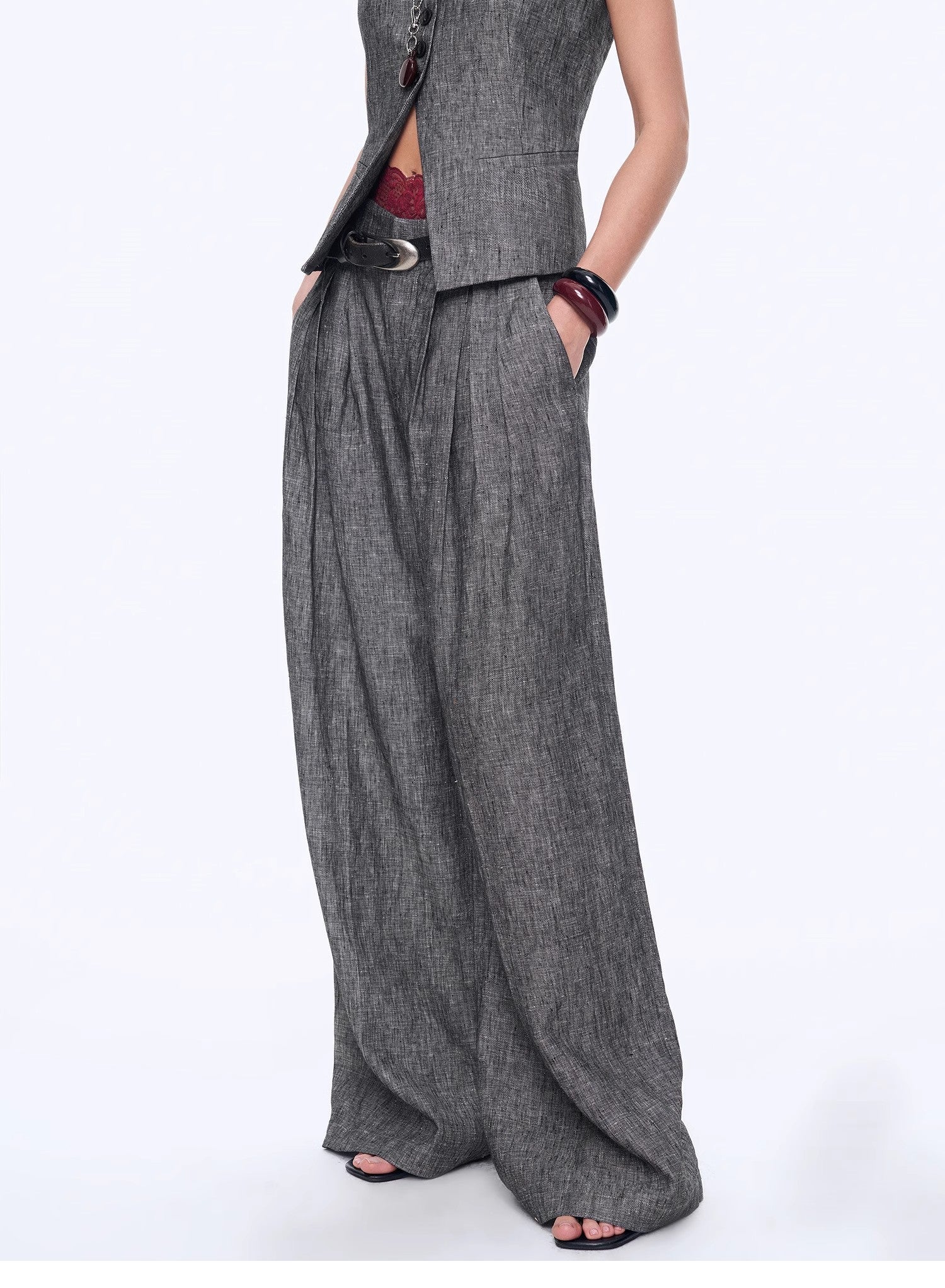 Fireladyfur Women's Linen Suit Set: Draped Vest &amp; High - Waist Straight Trousers"Old Money Space" - variant_title