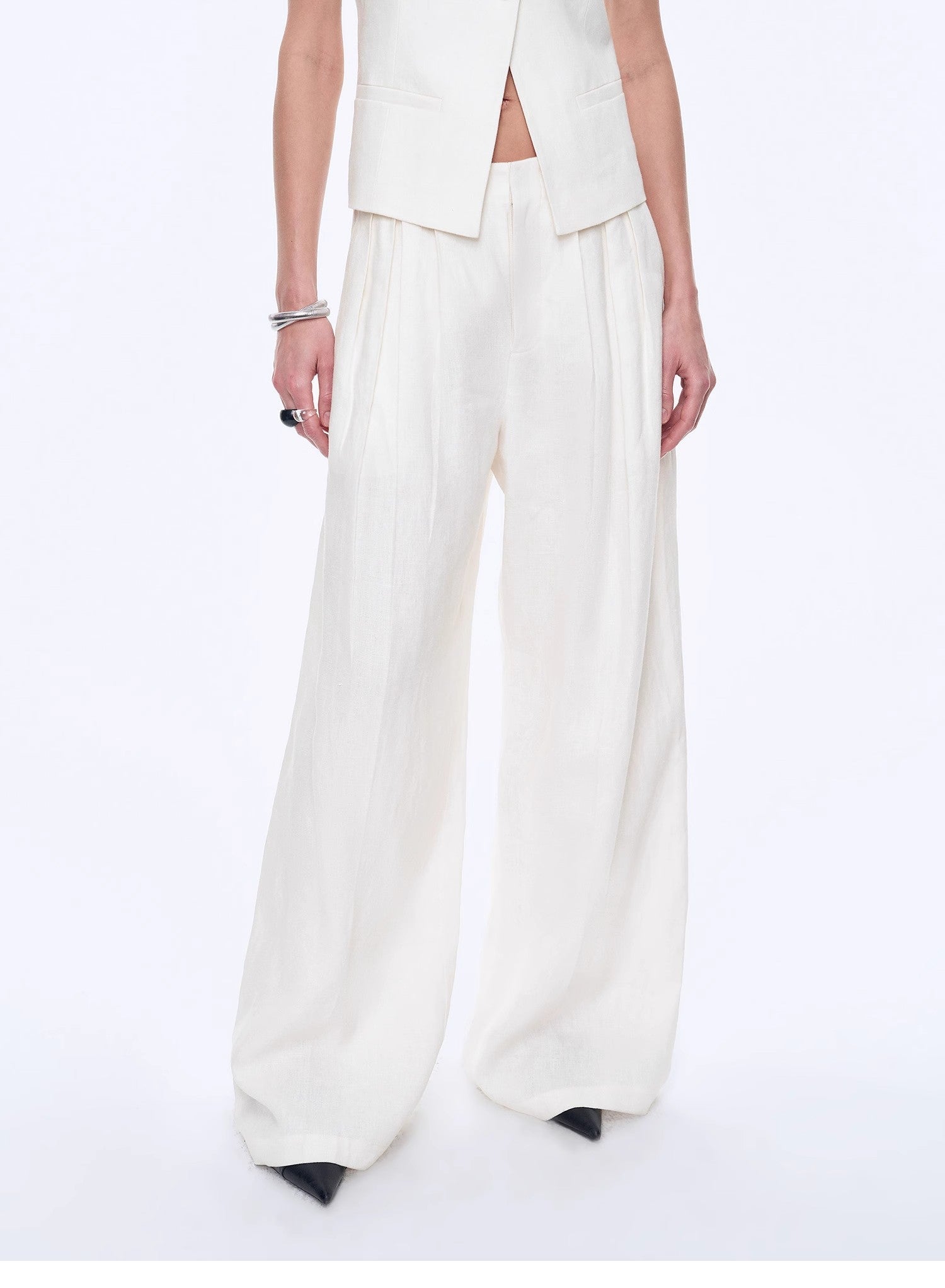 Fireladyfur Women's Linen Suit Set: Draped Vest &amp; High - Waist Straight Trousers"Old Money Space" - variant_title