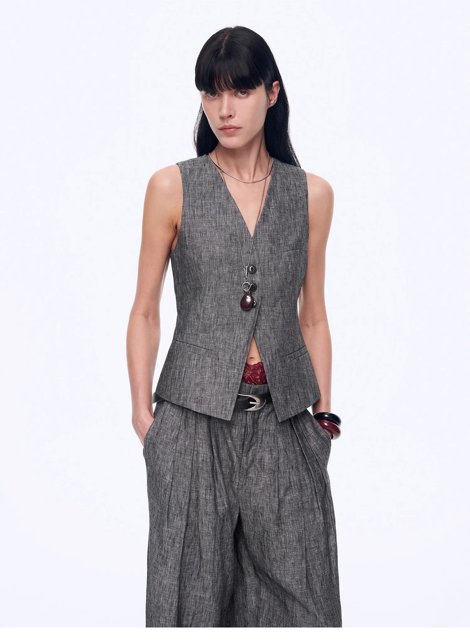 Fireladyfur Women's Linen Suit Set: Draped Vest &amp; High - Waist Straight Trousers"Old Money Space" - variant_title