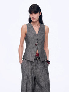 Fireladyfur Women's Linen Suit Set: Draped Vest & High - Waist Straight Trousers"Old Money Space" - variant_title