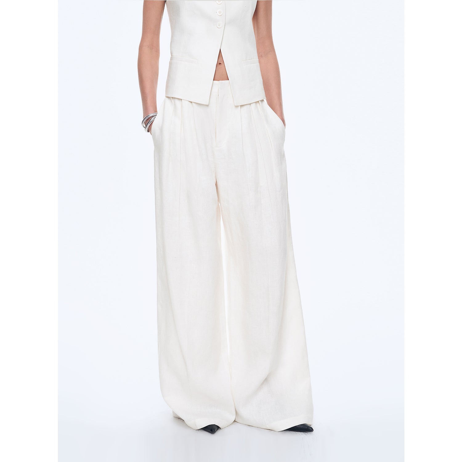 Fireladyfur Women's Linen Suit Set: Draped Vest & High - Waist Straight Trousers"Old Money Space" - variant_title
