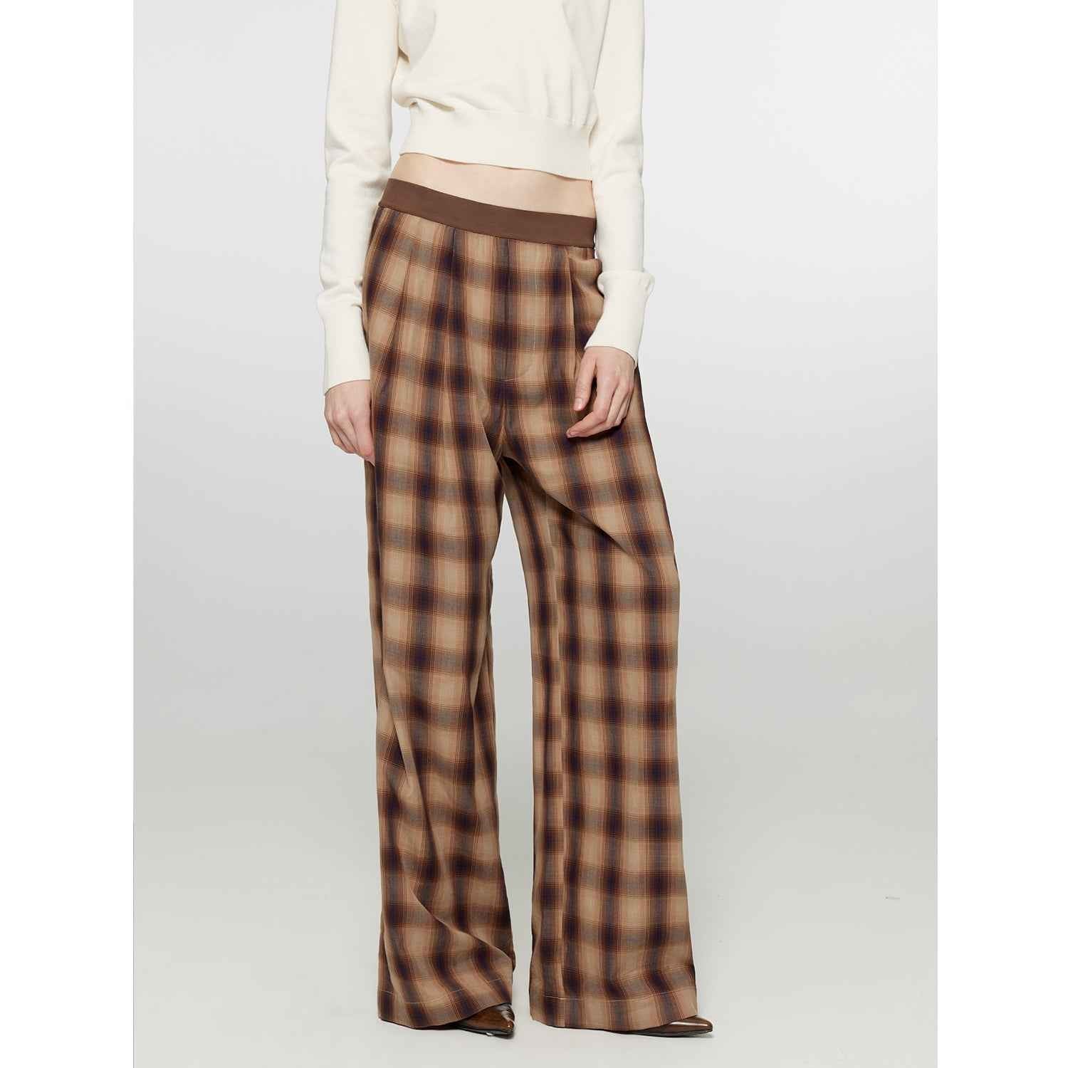 Fireladyfur Women's Loose Fit Straight - Leg Plaid Trousers with Elastic Waist"Patchwork Street Corner" - variant_title