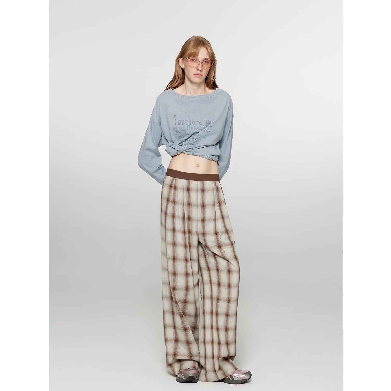 Fireladyfur Women's Loose Fit Straight - Leg Plaid Trousers with Elastic Waist"Patchwork Street Corner" - variant_title