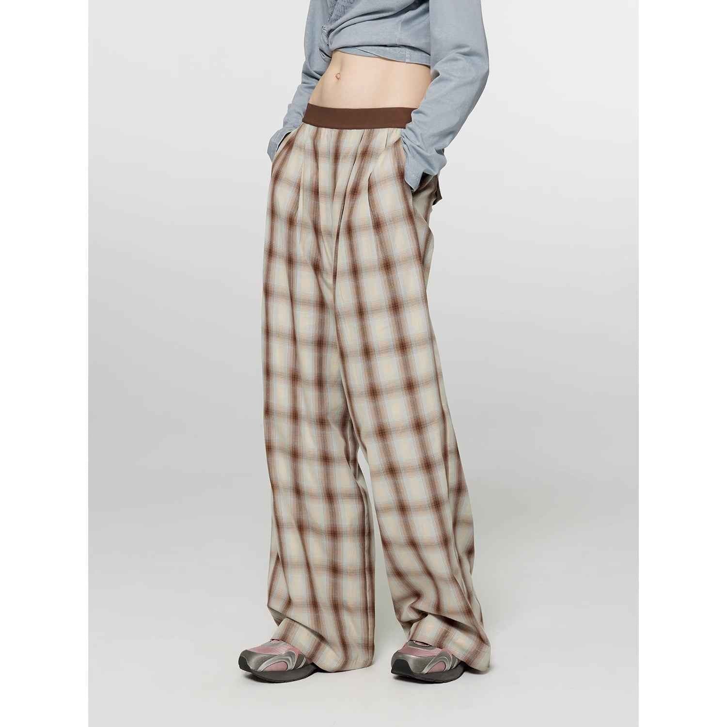 Fireladyfur Women's Loose Fit Straight - Leg Plaid Trousers with Elastic Waist"Patchwork Street Corner" - variant_title