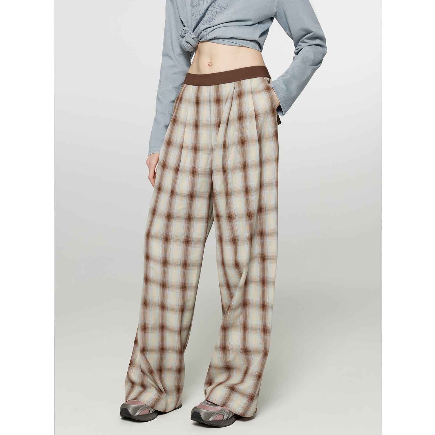 Fireladyfur Women's Loose Fit Straight - Leg Plaid Trousers with Elastic Waist"Patchwork Street Corner" - variant_title