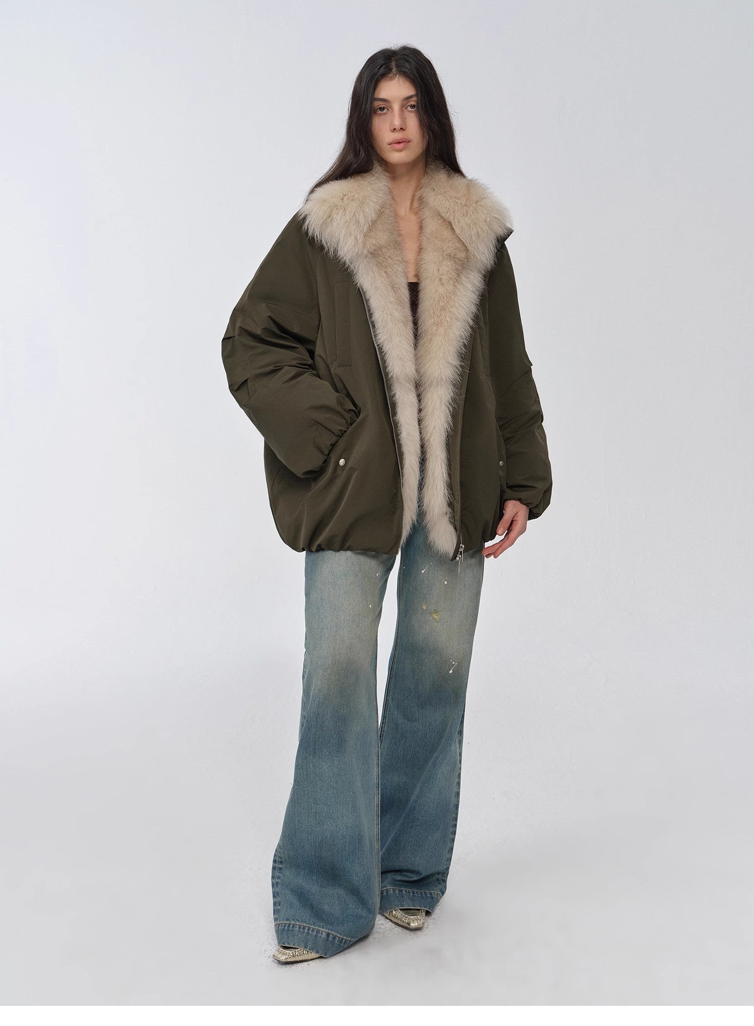 Fireladyfur Women's Mid - Length Two - Tone Fox Fur Down Jacket"Warm Dialogue" - variant_title