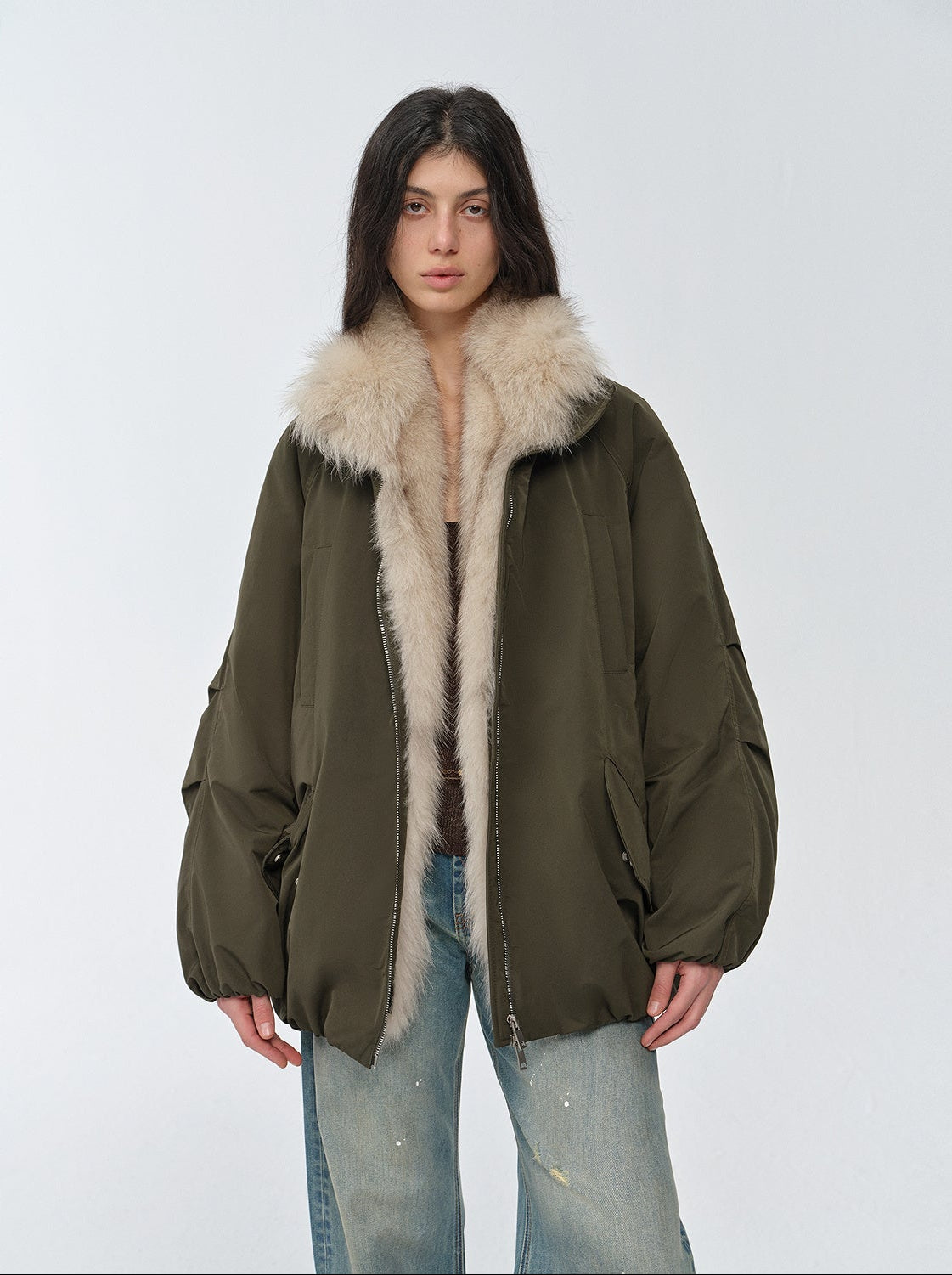 Fireladyfur Women's Mid - Length Two - Tone Fox Fur Down Jacket"Warm Dialogue" - variant_title