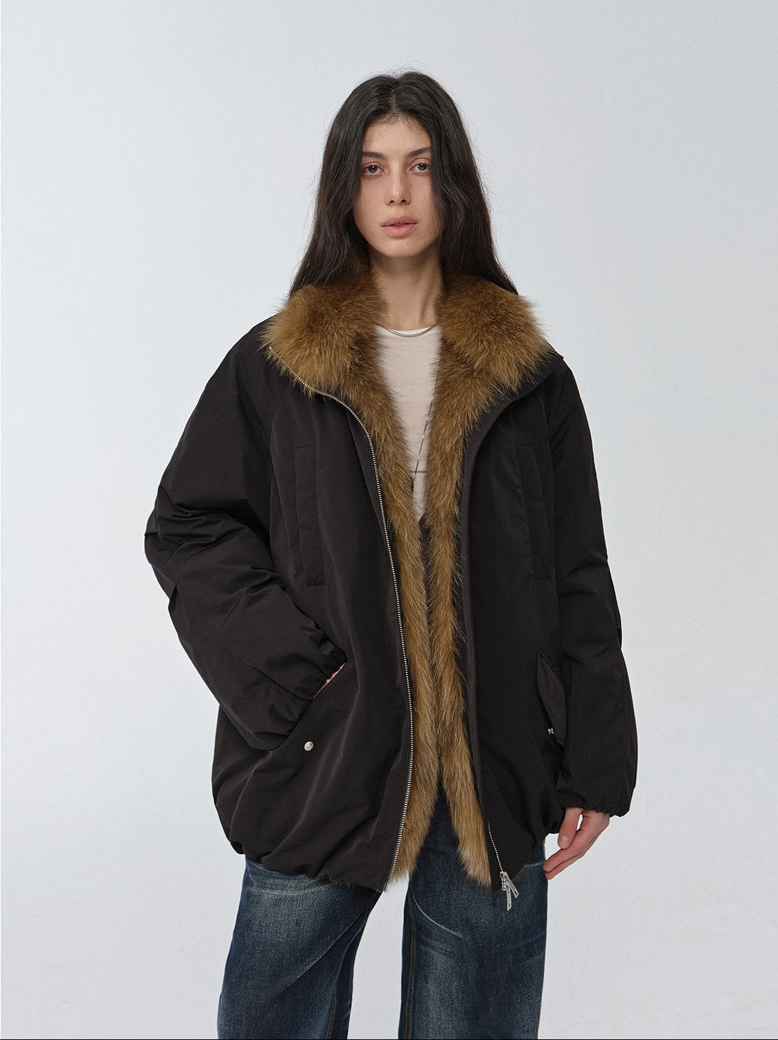 Fireladyfur Women's Mid - Length Two - Tone Fox Fur Down Jacket"Warm Dialogue" - variant_title