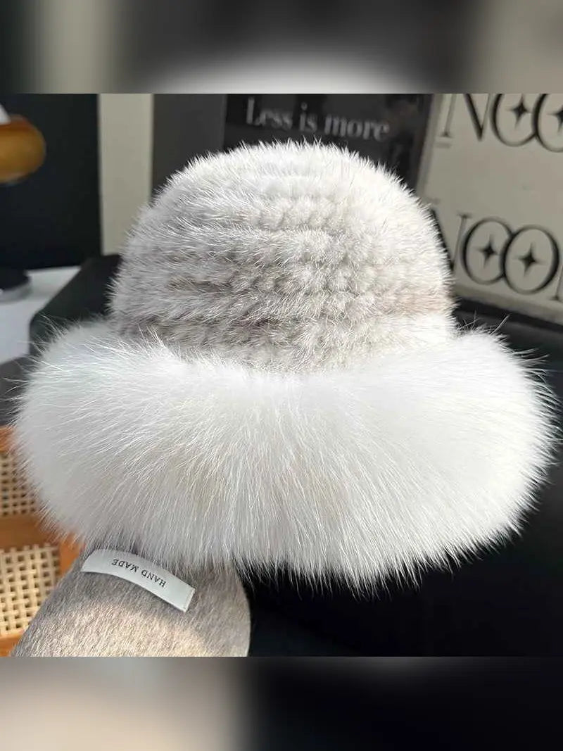 Fireladyfur women’s mink and fox fur winter bucket hat in apricot, product view