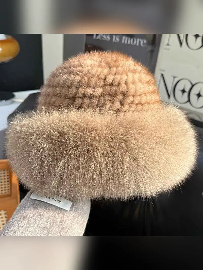 Fireladyfur women’s mink and fox fur winter bucket hat in cocoa brown, product view