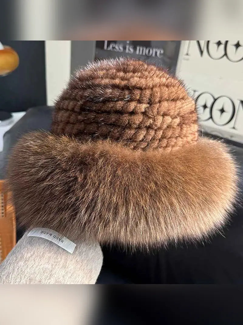 Fireladyfur women’s mink and fox fur winter bucket hat in black, product view