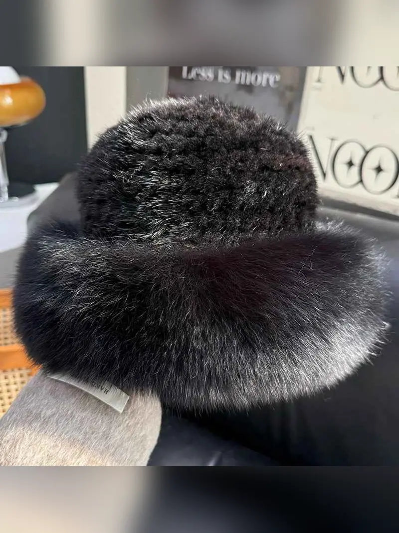 Fireladyfur women’s mink and fox fur winter bucket hat in silver blue, product view