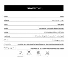 Fireladyfur Johnny removable-lining parka materials and care information