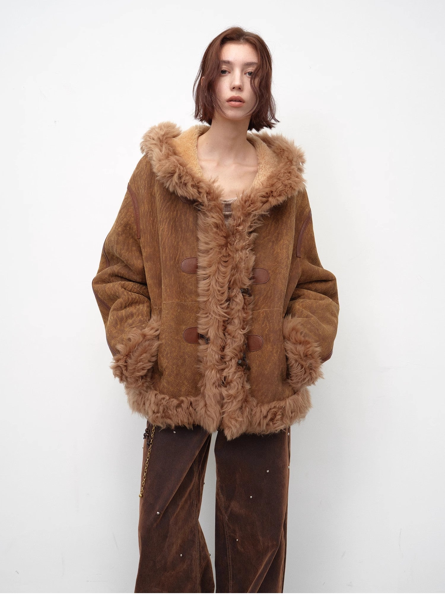 Fireladyfur Women's Shearling Coat - Drop Shoulder Hooded Merino Wool Winter Jacket - variant_title