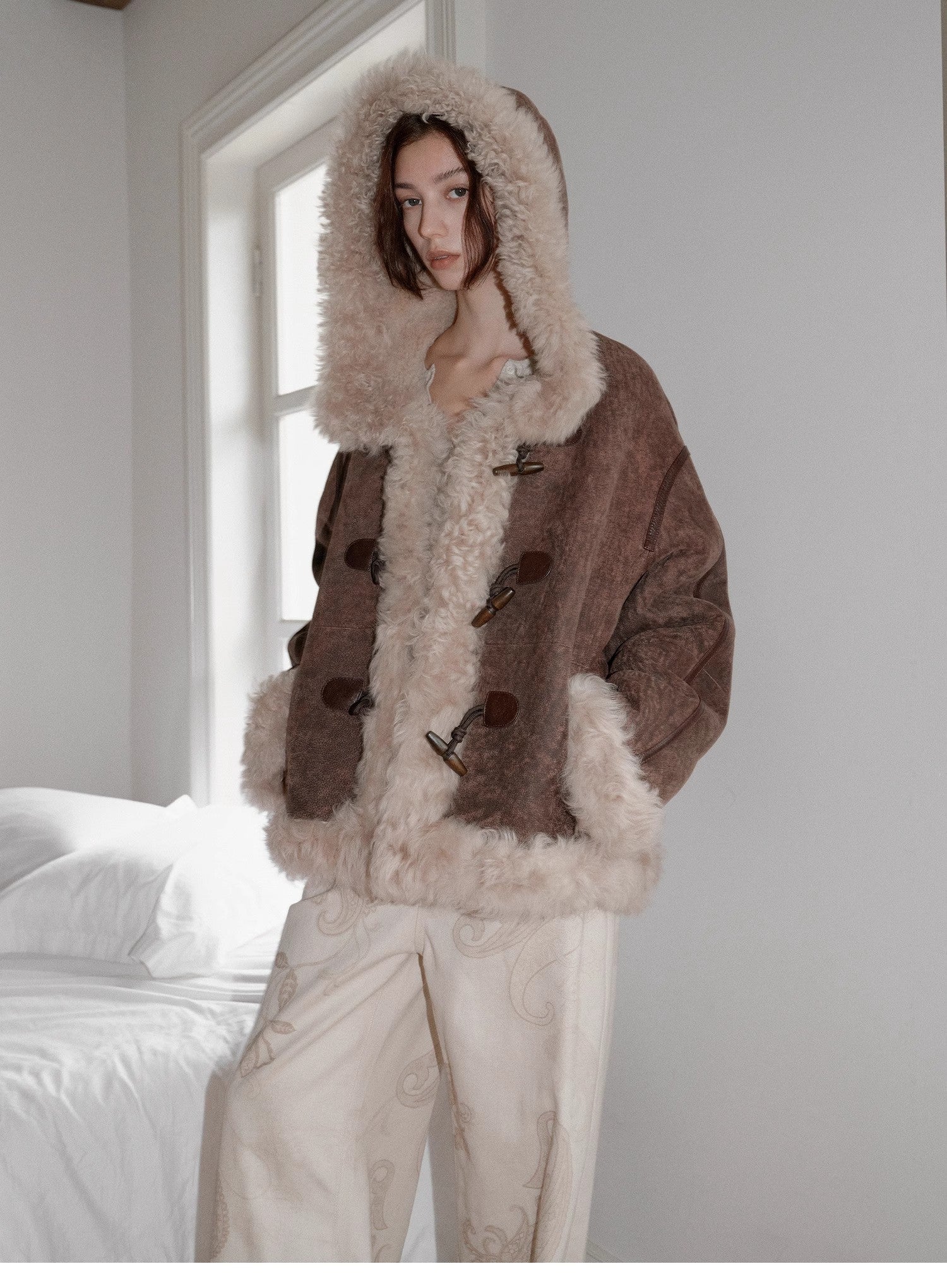 Fireladyfur Women's Shearling Coat - Drop Shoulder Hooded Merino Wool Winter Jacket - variant_title