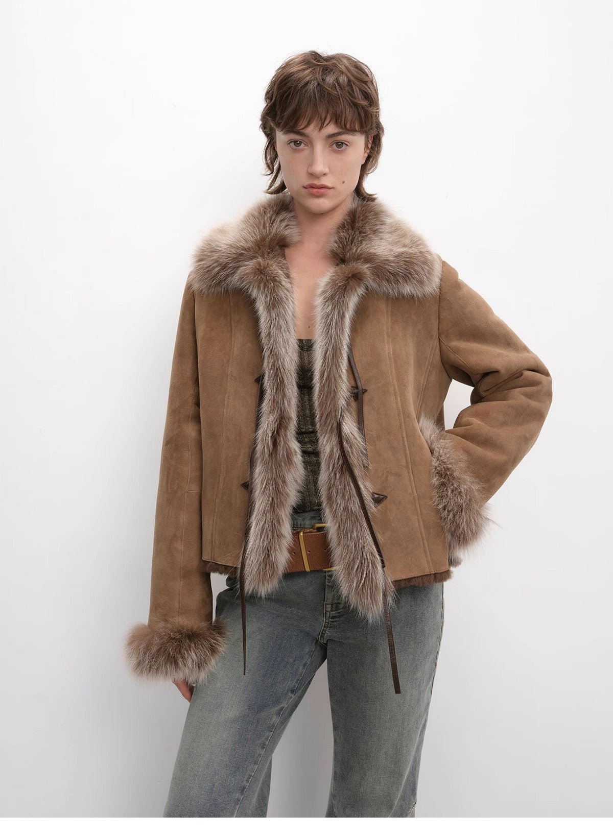 Fireladyfur Women's Shearling Coat - Imported Merino Wool Patchwork Fox Fur Collar Florence - variant_title
