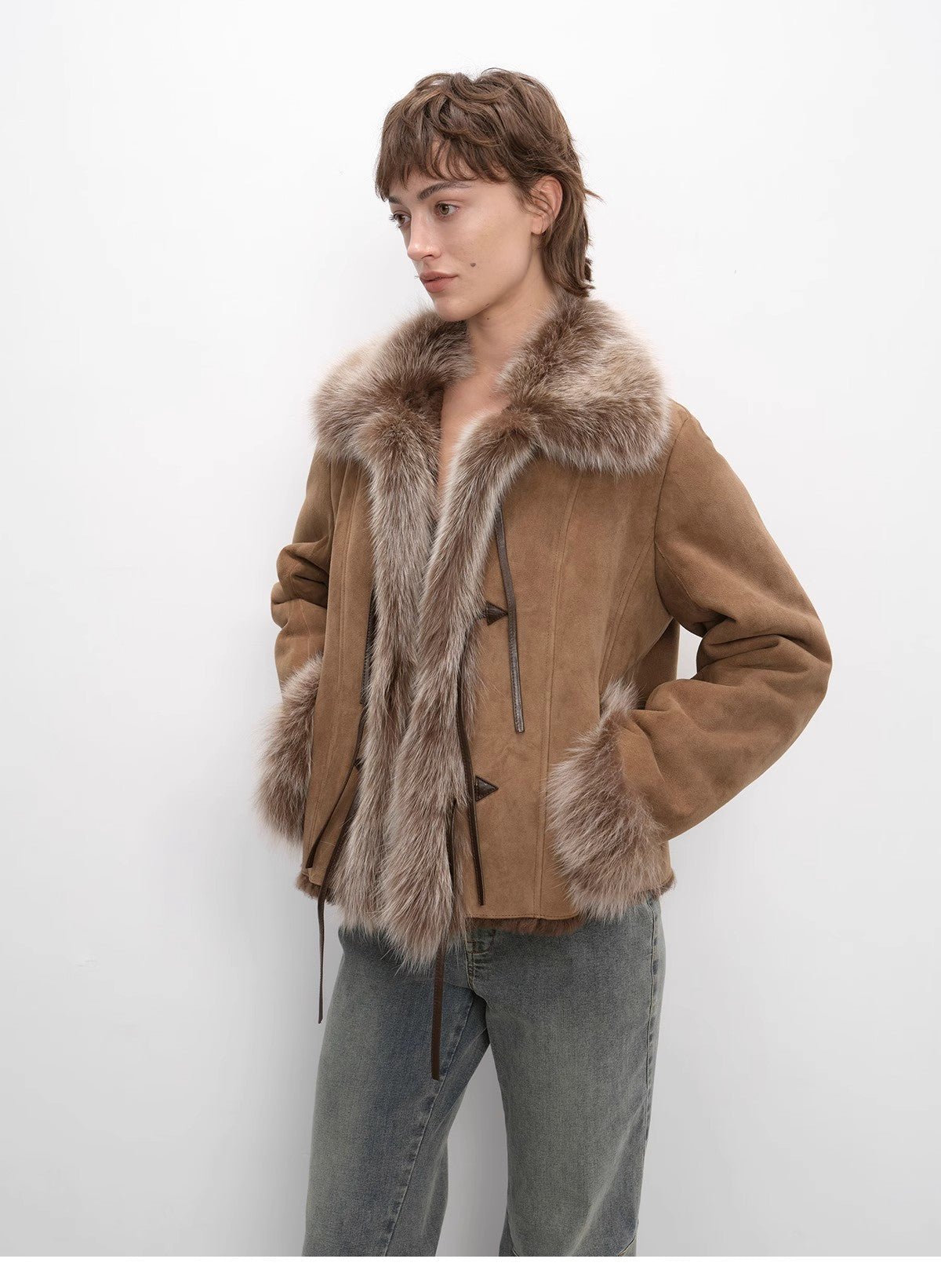 Fireladyfur Women's Shearling Coat - Imported Merino Wool Patchwork Fox Fur Collar Florence - variant_title