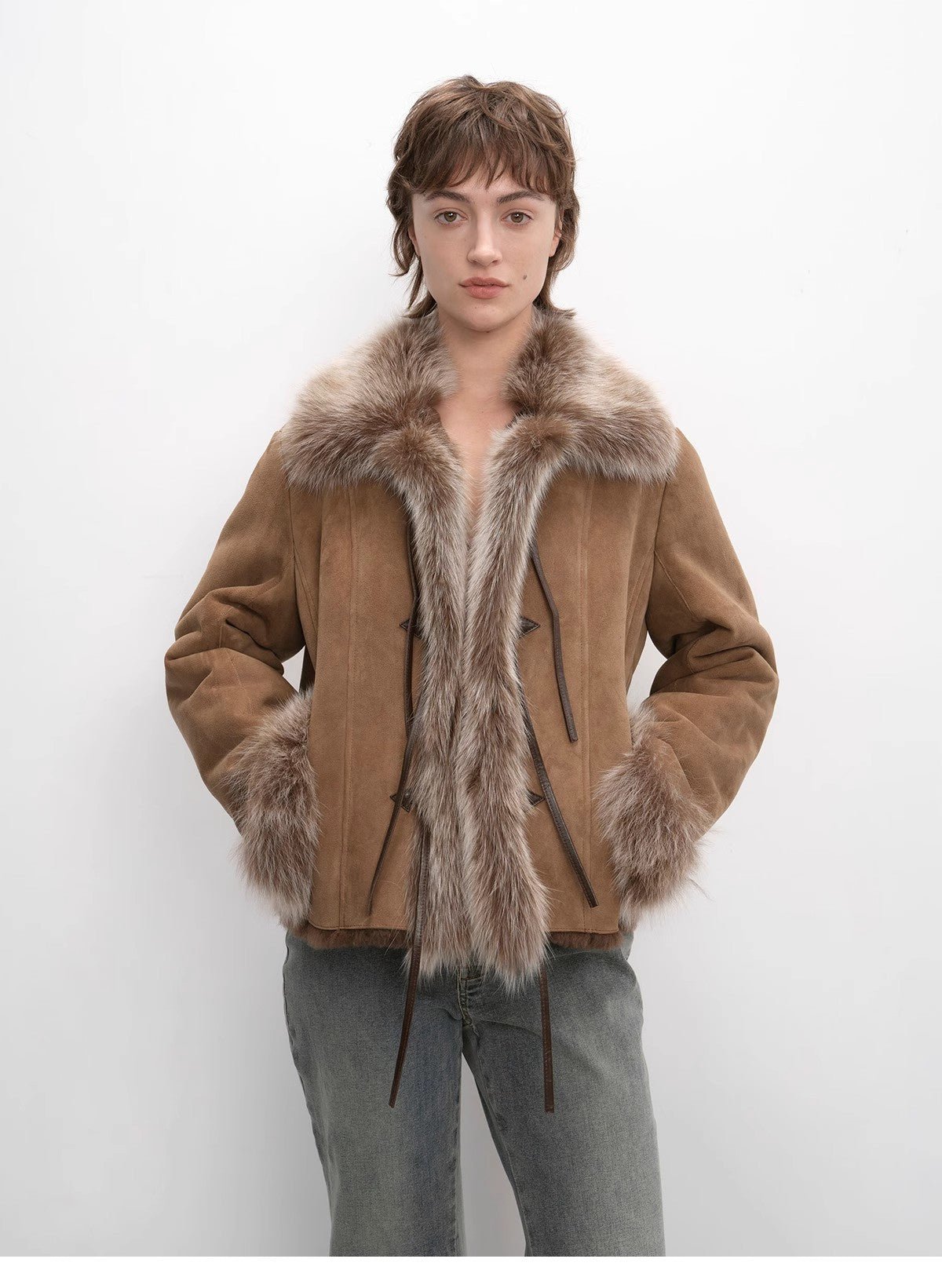 Fireladyfur Women's Shearling Coat - Imported Merino Wool Patchwork Fox Fur Collar Florence - variant_title
