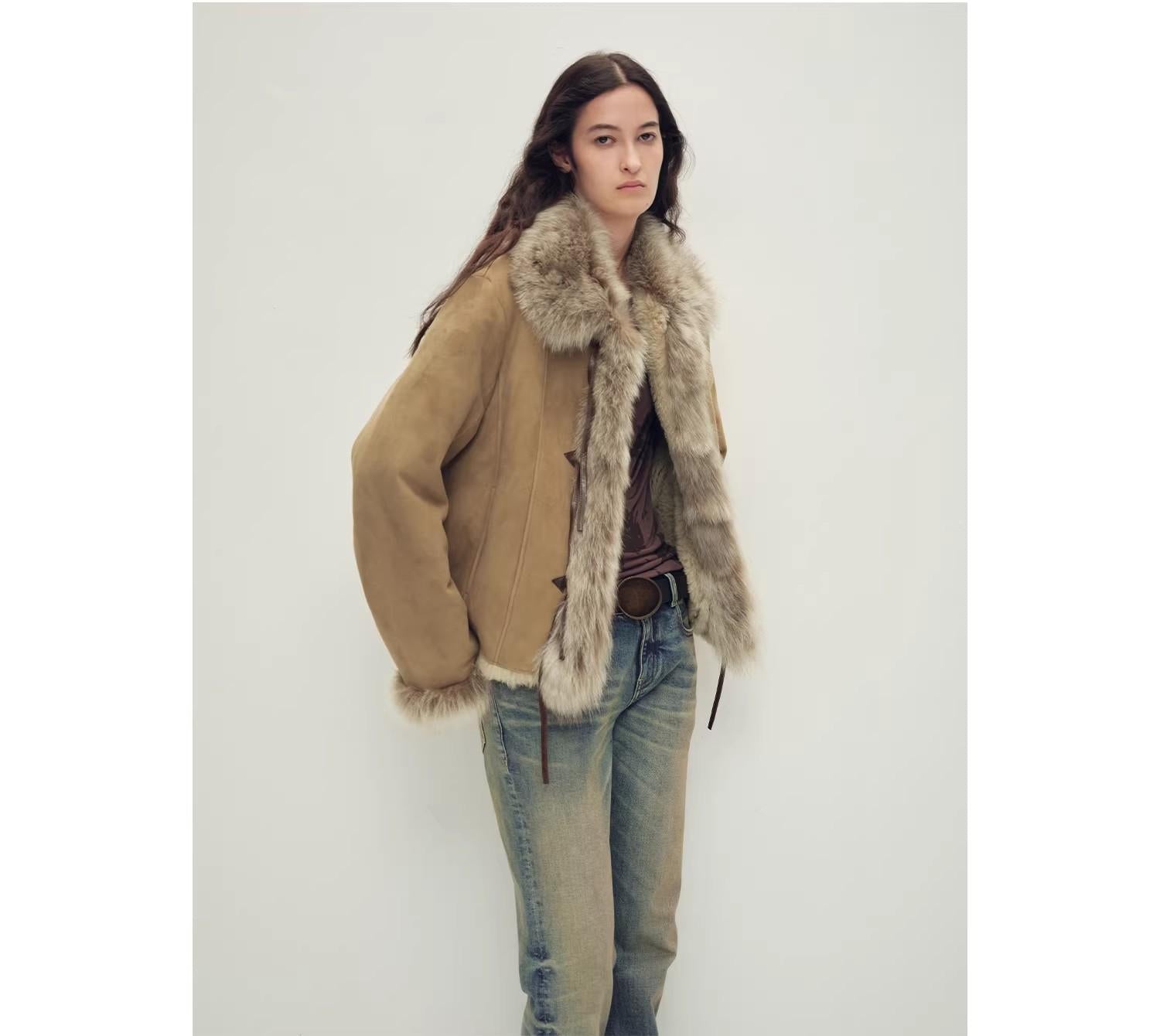 Fireladyfur Women's Shearling Coat - Imported Merino Wool Patchwork Fox Fur Collar Florence