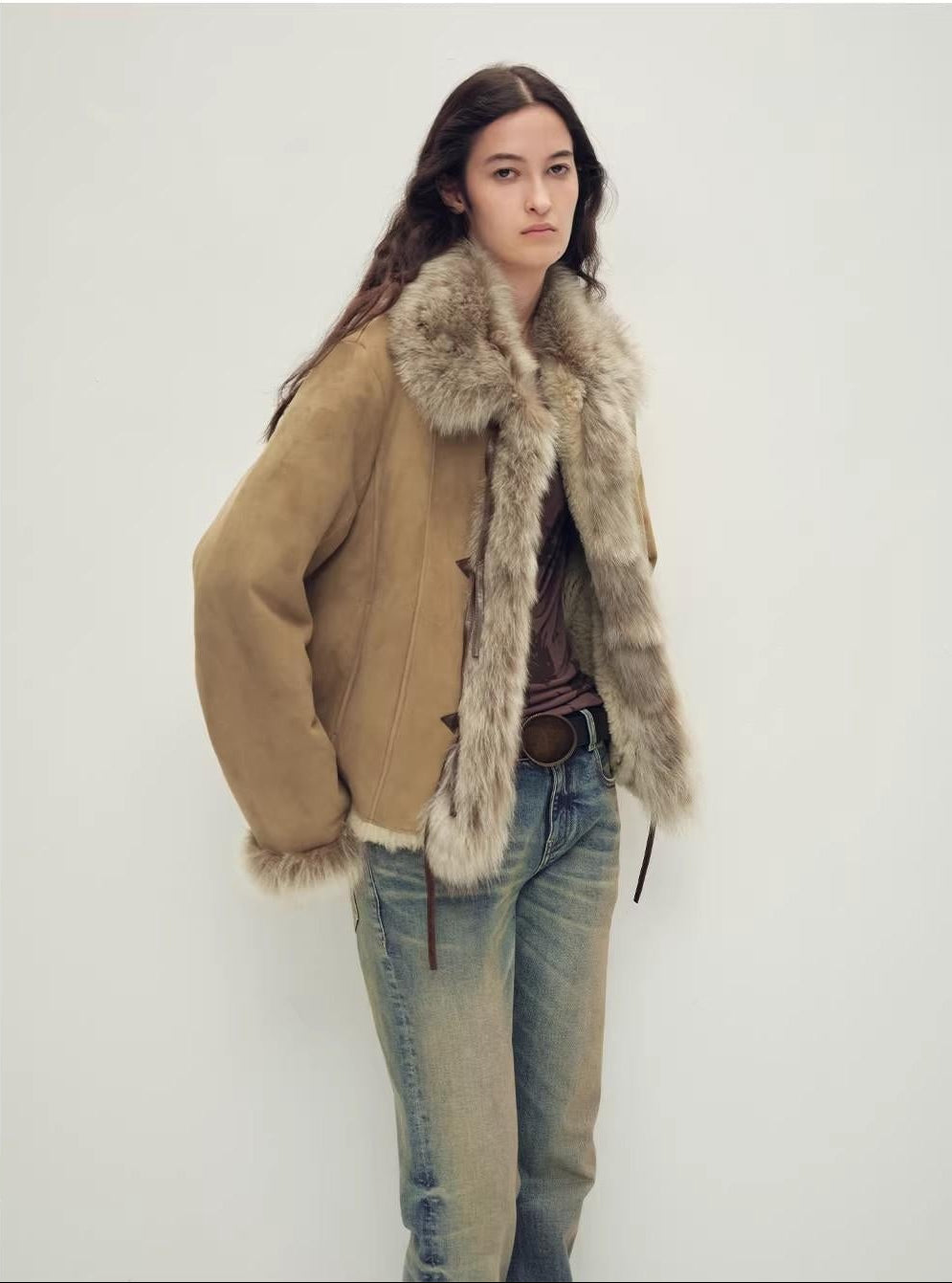 Fireladyfur Women's Shearling Coat - Imported Merino Wool Patchwork Fox Fur Collar Florence