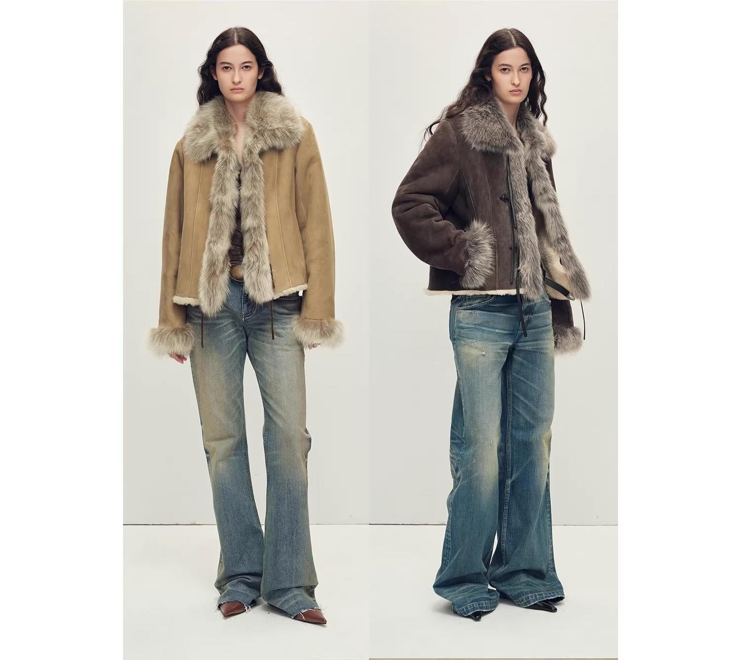 Fireladyfur Women's Shearling Coat - Imported Merino Wool Patchwork Fox Fur Collar Florence