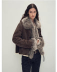 Fireladyfur Women's Shearling Coat - Imported Merino Wool Patchwork Fox Fur Collar Florence
