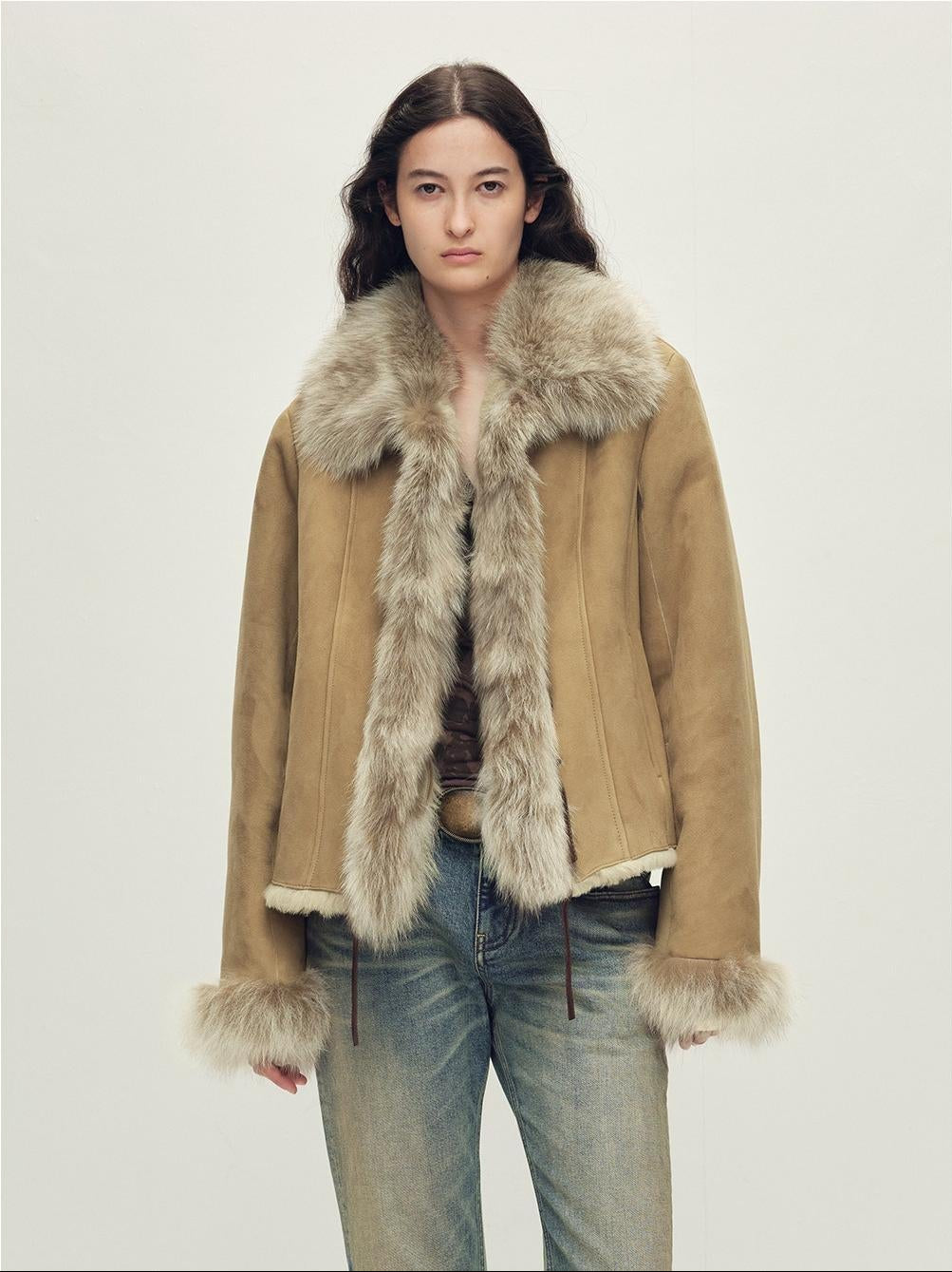 Fireladyfur Women's Shearling Coat - Imported Merino Wool Patchwork Fox Fur Collar Florence