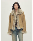 Fireladyfur Women's Shearling Coat - Imported Merino Wool Patchwork Fox Fur Collar Florence
