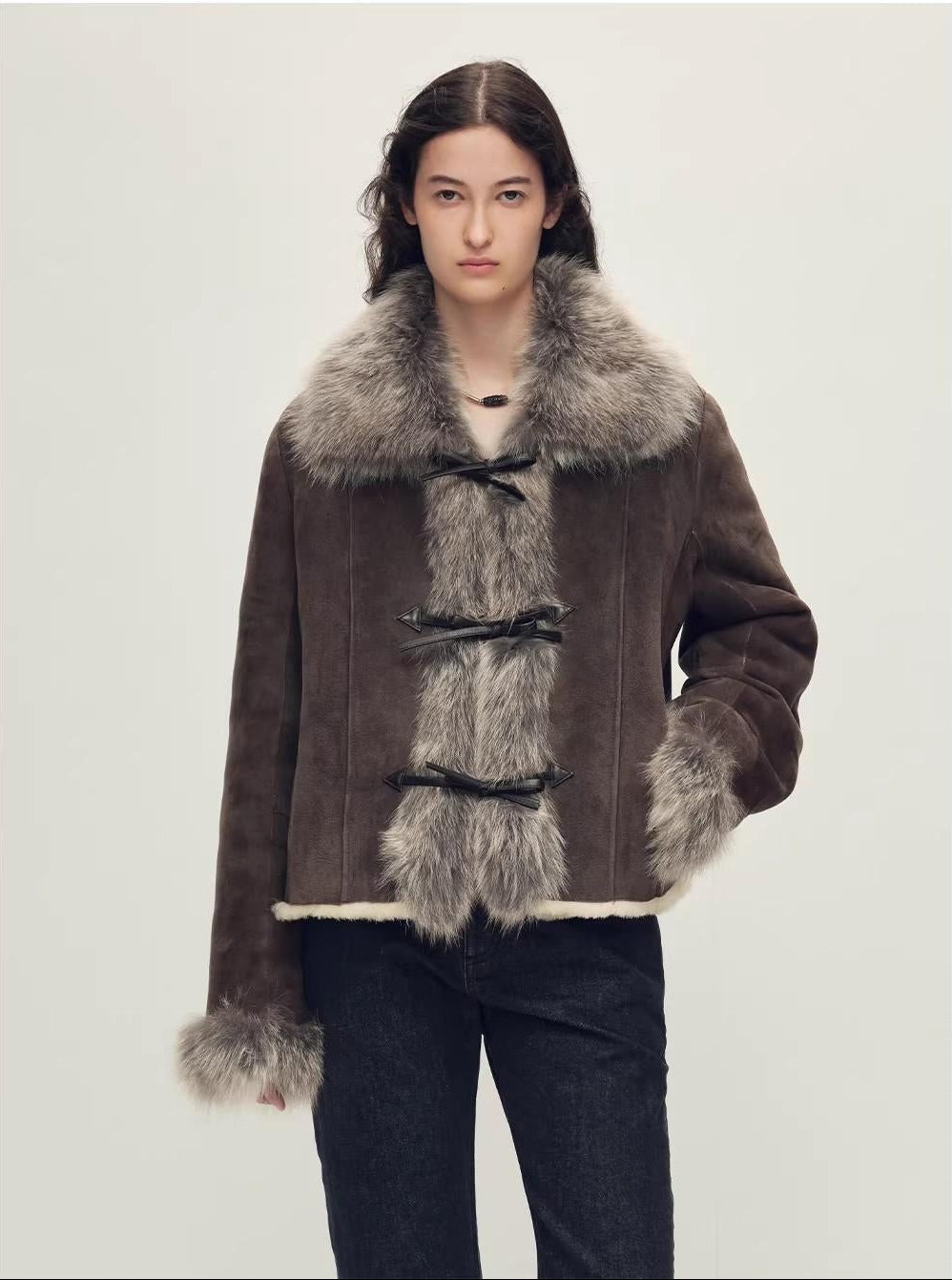 Fireladyfur Women's Shearling Coat - Imported Merino Wool Patchwork Fox Fur Collar Florence
