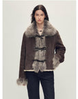 Fireladyfur Women's Shearling Coat - Imported Merino Wool Patchwork Fox Fur Collar Florence