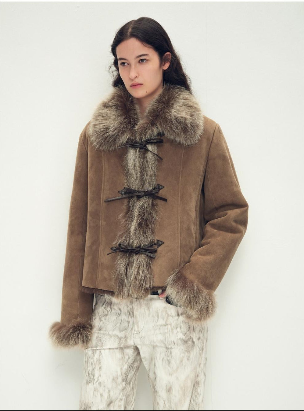 Fireladyfur Women's Shearling Coat - Imported Merino Wool Patchwork Fox Fur Collar Florence