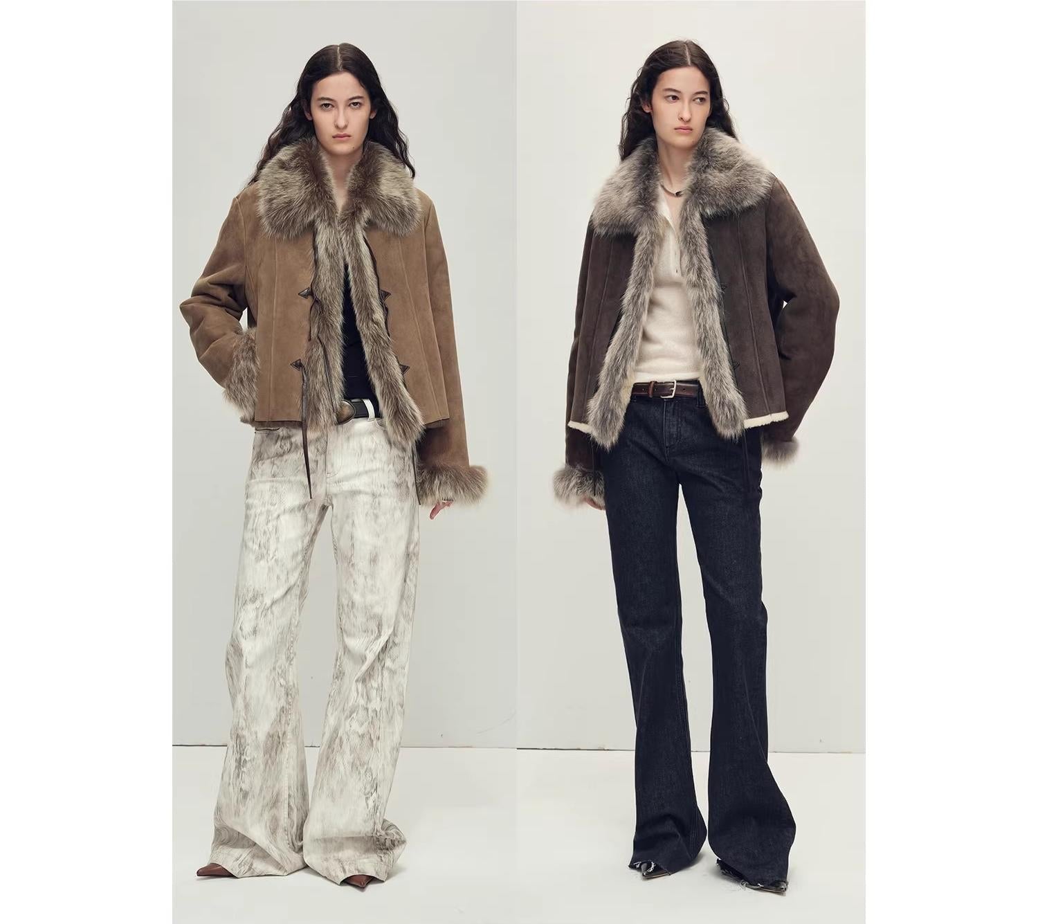 Fireladyfur Women's Shearling Coat - Imported Merino Wool Patchwork Fox Fur Collar Florence