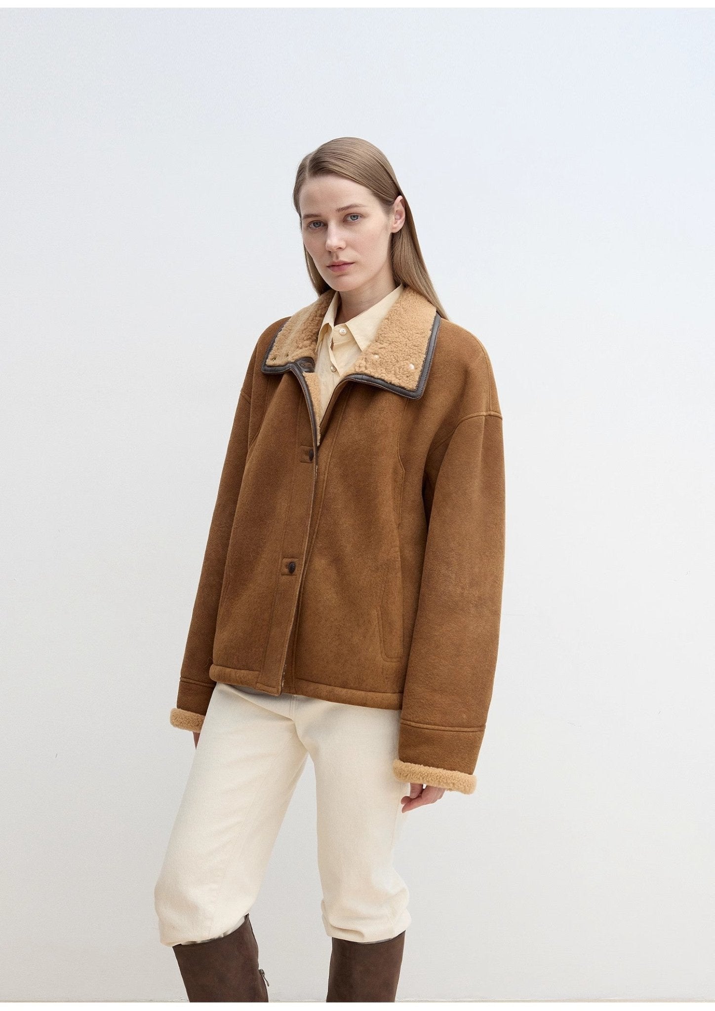 Fireladyfur Women's Shearling Coat - Merino Wool Stand - Up Fur Collar Knight's Contract - variant_title