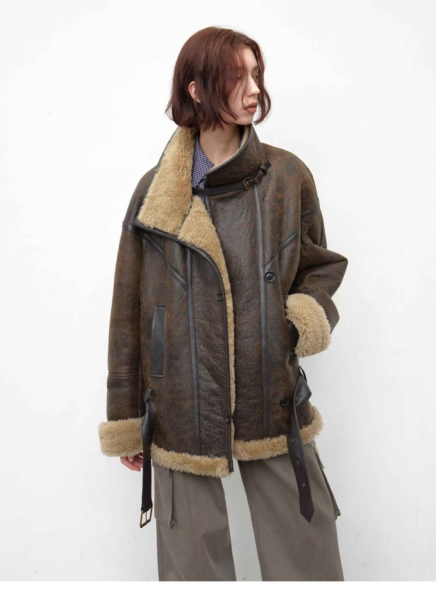 Fireladyfur Women's Shearling Coat - Motorcycle Style Lapel Imported Merino Wool - variant_title