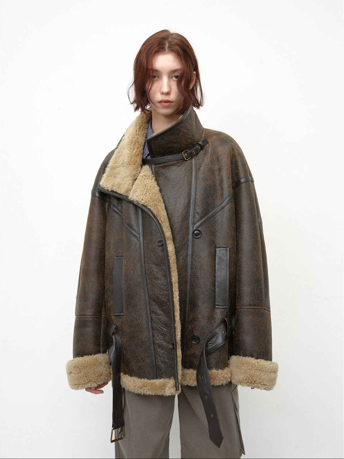 Fireladyfur Women's Shearling Coat - Motorcycle Style Lapel Imported Merino Wool - variant_title