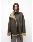 Fireladyfur Women's Shearling Coat - Motorcycle Style Lapel Imported Merino Wool - variant_title
