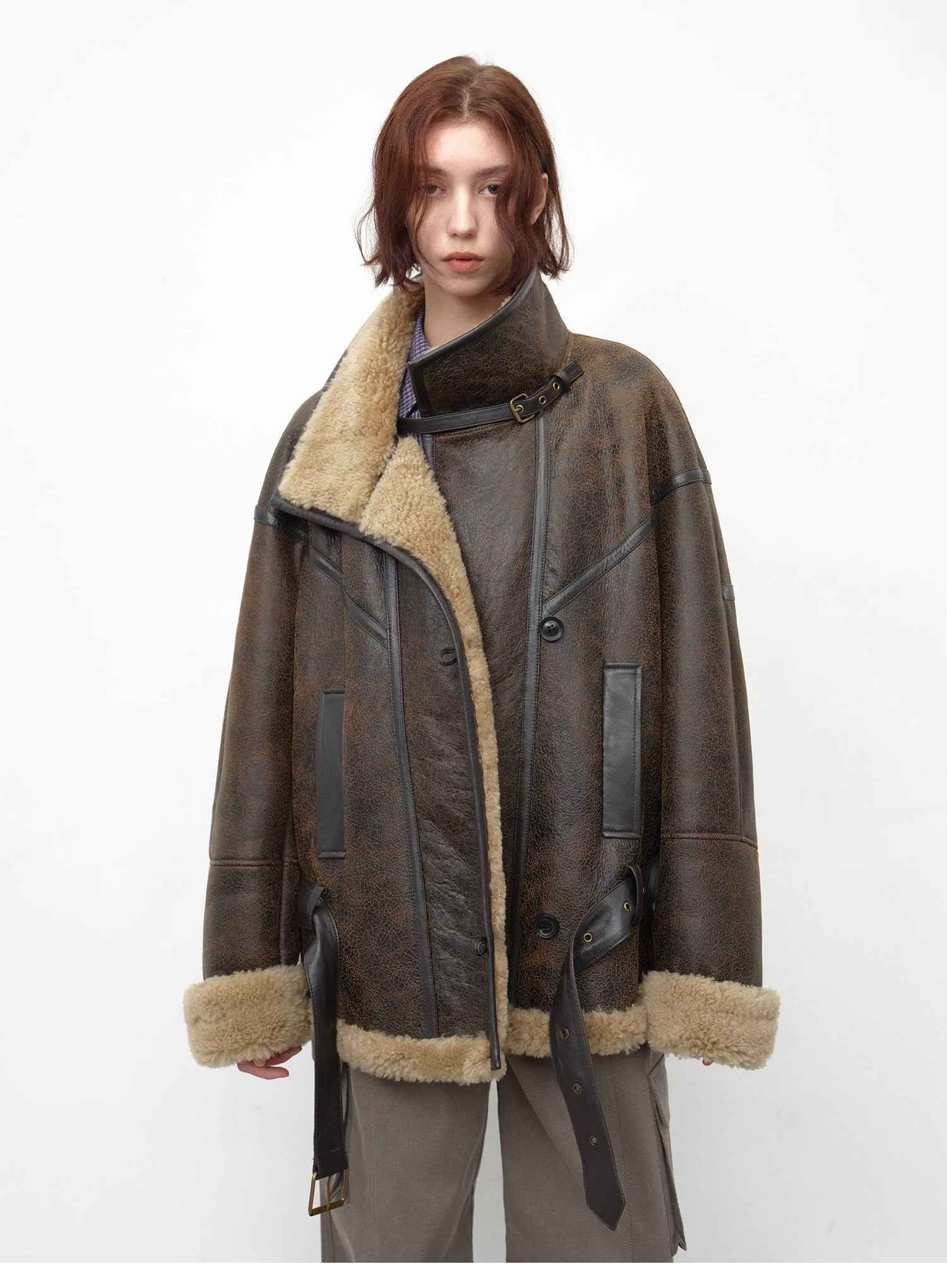 Fireladyfur Women's Shearling Coat - Motorcycle Style Lapel Imported Merino Wool - variant_title