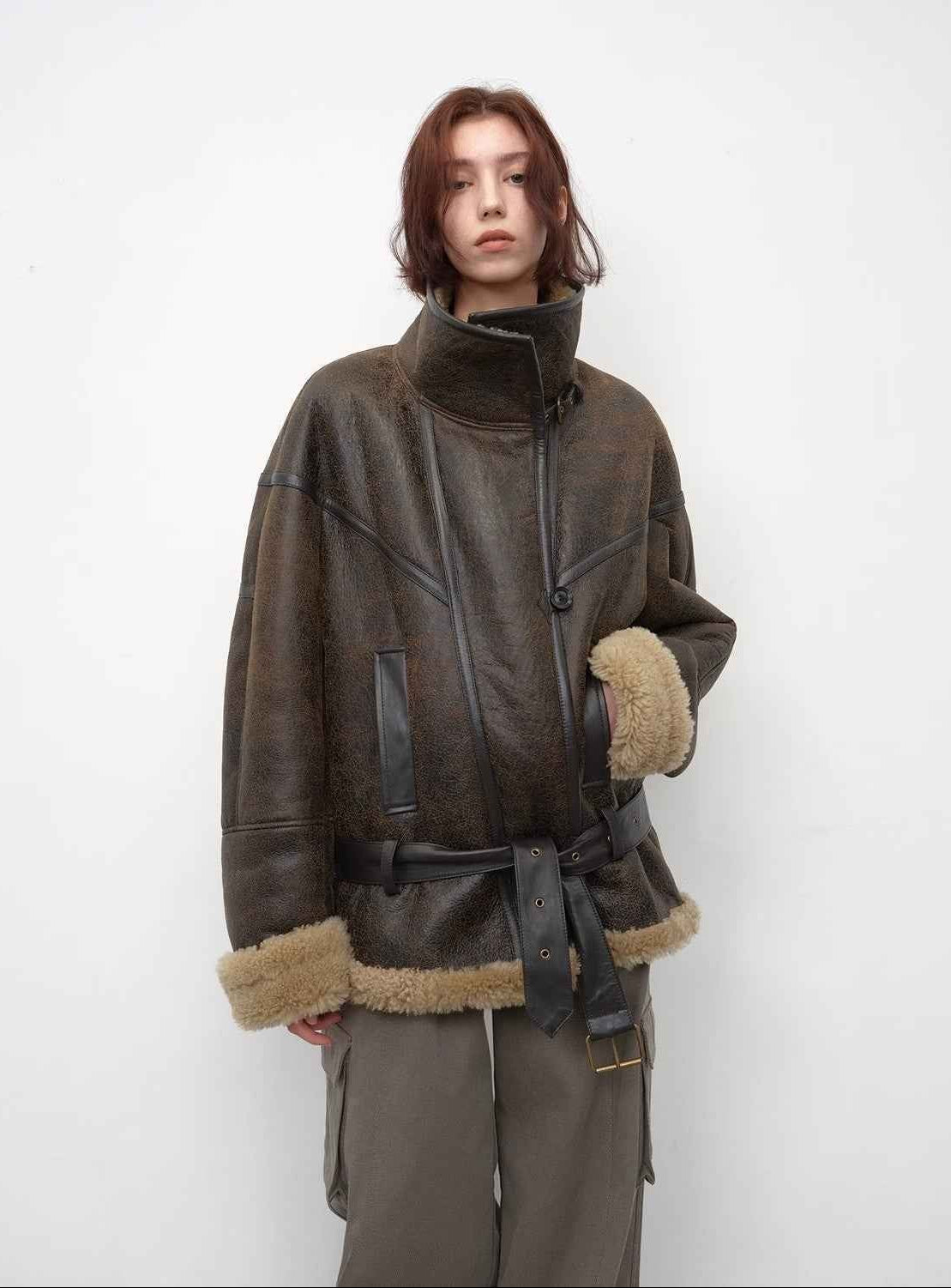 Fireladyfur Women's Shearling Coat - Motorcycle Style Lapel Imported Merino Wool - variant_title