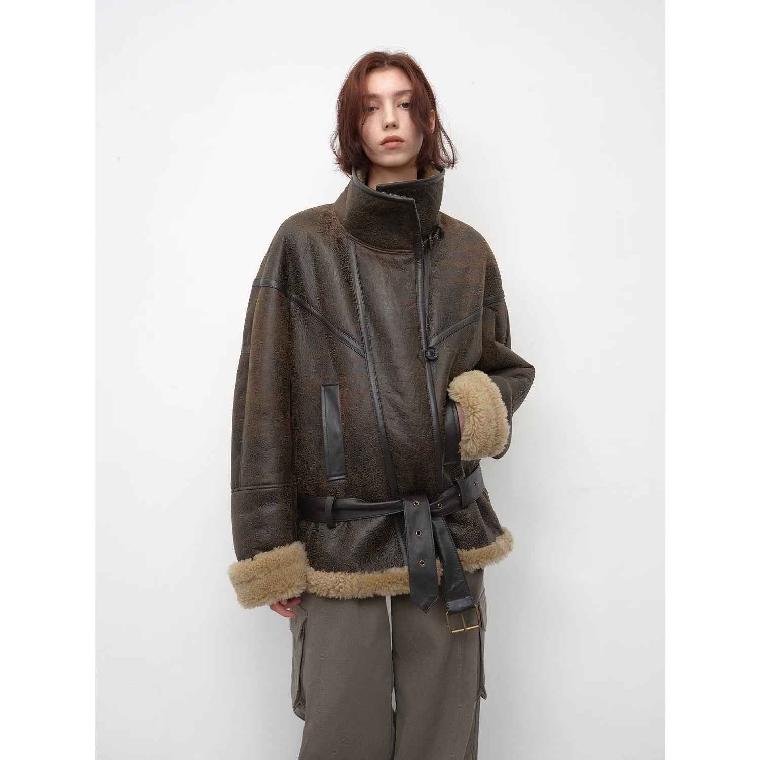 Fireladyfur Women's Shearling Coat - Motorcycle Style Lapel Imported Merino Wool - variant_title